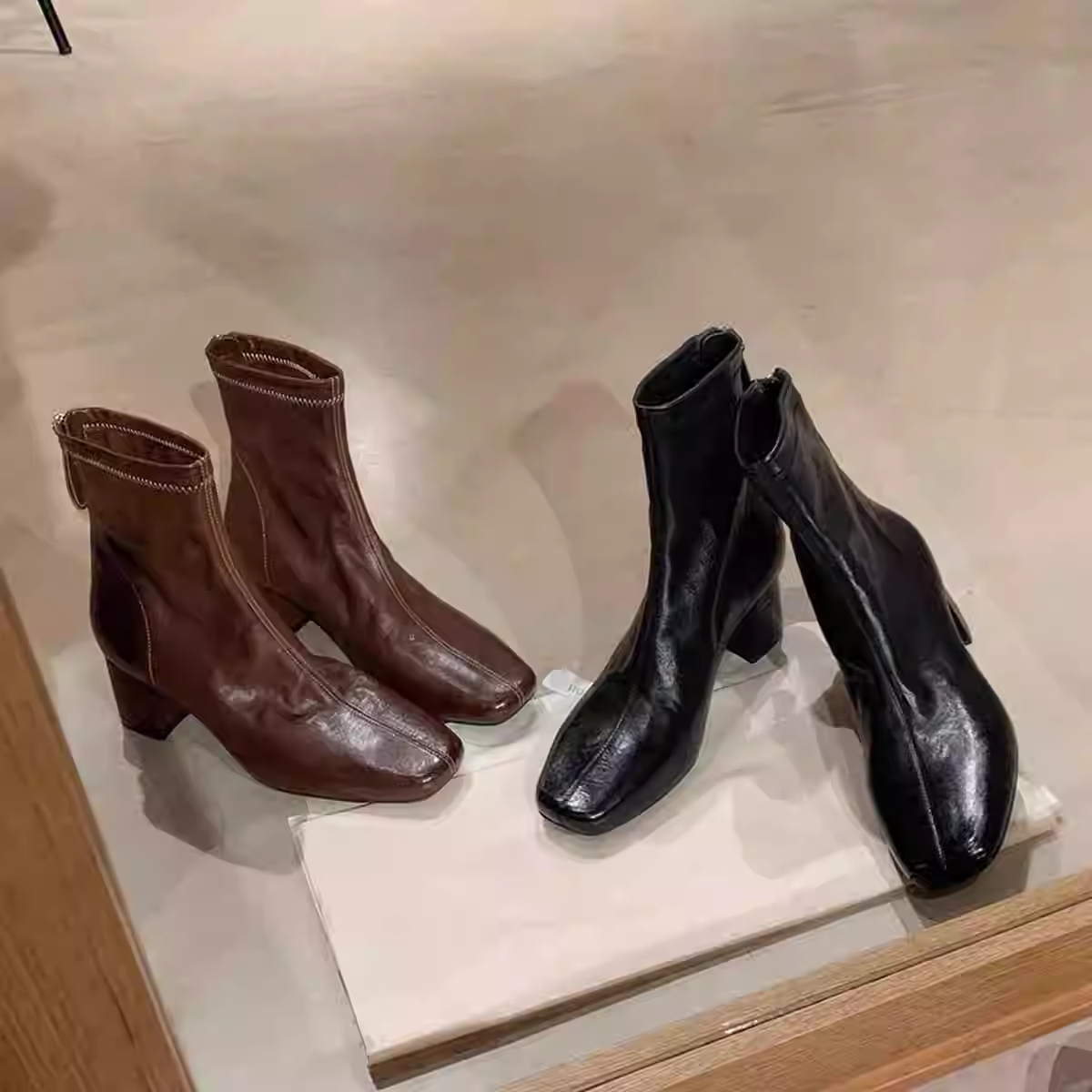 Phiên bản da bò~ Giày bốt kiểu cổ điển kiểu Pháp dành cho nữ, mũi vuông, gót giữa thon gọn, khóa kéo phía sau, bốt co giãn, da thật, bốt ngắn thanh lịch