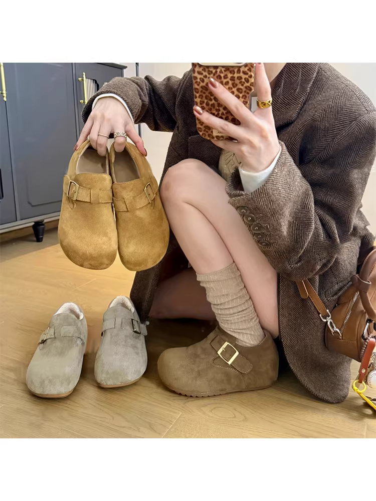 Phiên bản da cừu ~ Giày Birkenstock đế dày siêu mềm tăng chiều cao 6cm dành cho nữ, khóa thắt lưng cổ điển, giày đơn lót lông cừu cắt sâu