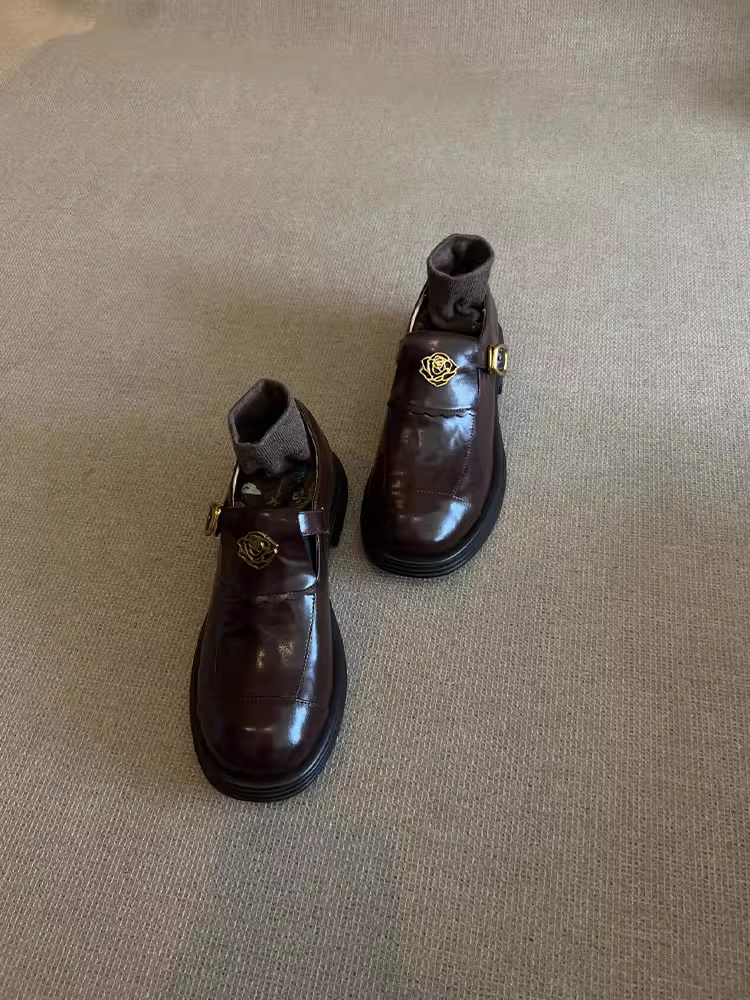 Phiên bản da cừu ~ Giày Mary Jane cổ sâu màu nâu cổ điển dành cho nữ, giày da mũi tròn đế dày, gót dày, kiểu lười