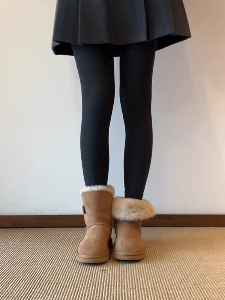 Phiên bản da bò ~ Giày bốt đi tuyết mùa đông dành cho nữ có đế dày, chống trơn trượt, có thể mang được hai mặt, có thể gập lại, giày bốt cotton lót lông cừu, giày bốt lông tròn mũi tròn bằng da lộn