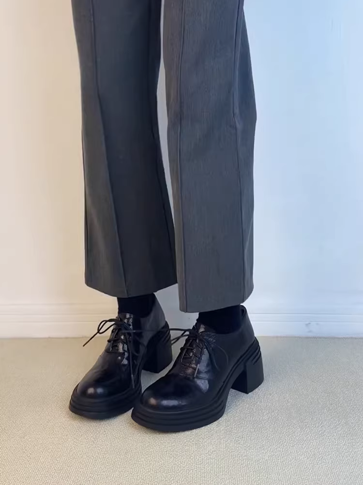 Phiên bản da cừu ~ Giày da cao cấp cắt sâu dành cho nữ, đế dày, giày lười cao gót nhỏ nhắn, giày đơn buộc dây phong cách Anh.