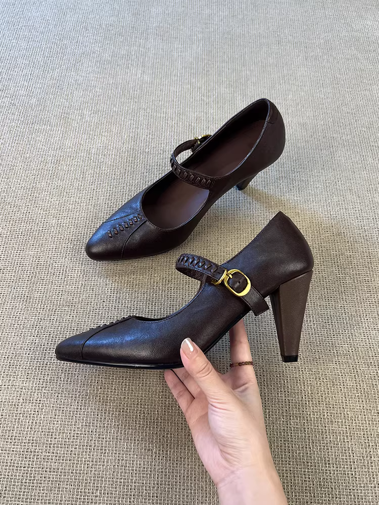 Phiên bản da cừu ~ Giày Mary Jane mũi nhọn cổ điển kiểu Pháp phong cách cổ điển dành cho nữ, giày đế bằng da thật dệt