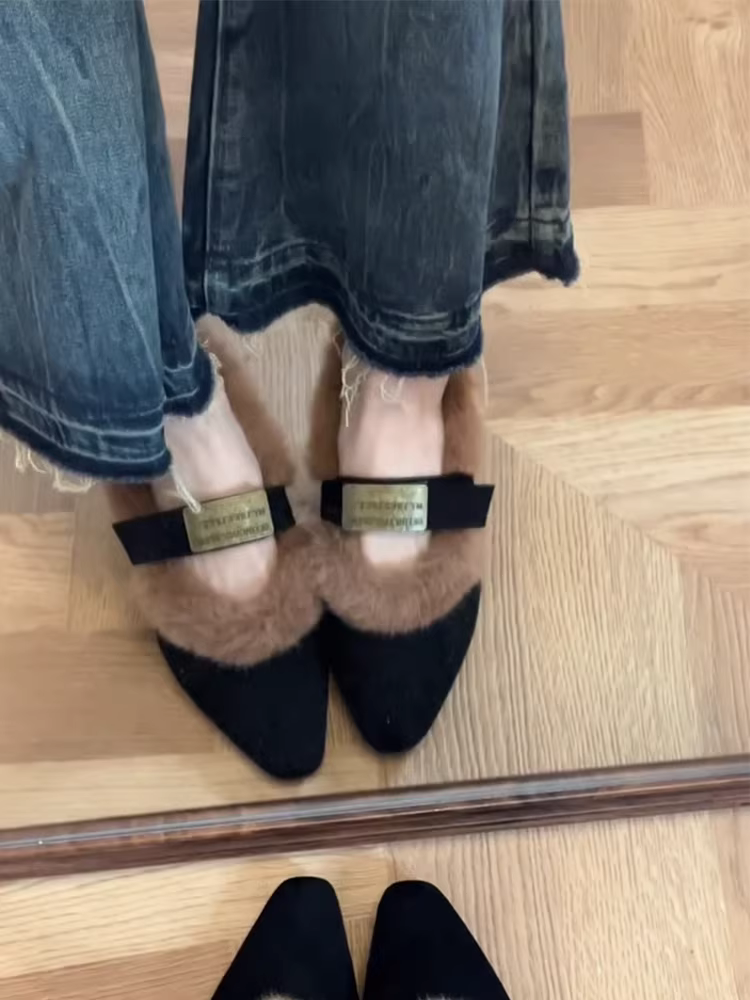 Phiên bản da cừu ~ Giày lười cổ điển dành cho nữ có lót lông thật, lông thỏ, lót lông mềm, giày đế dày ấm áp