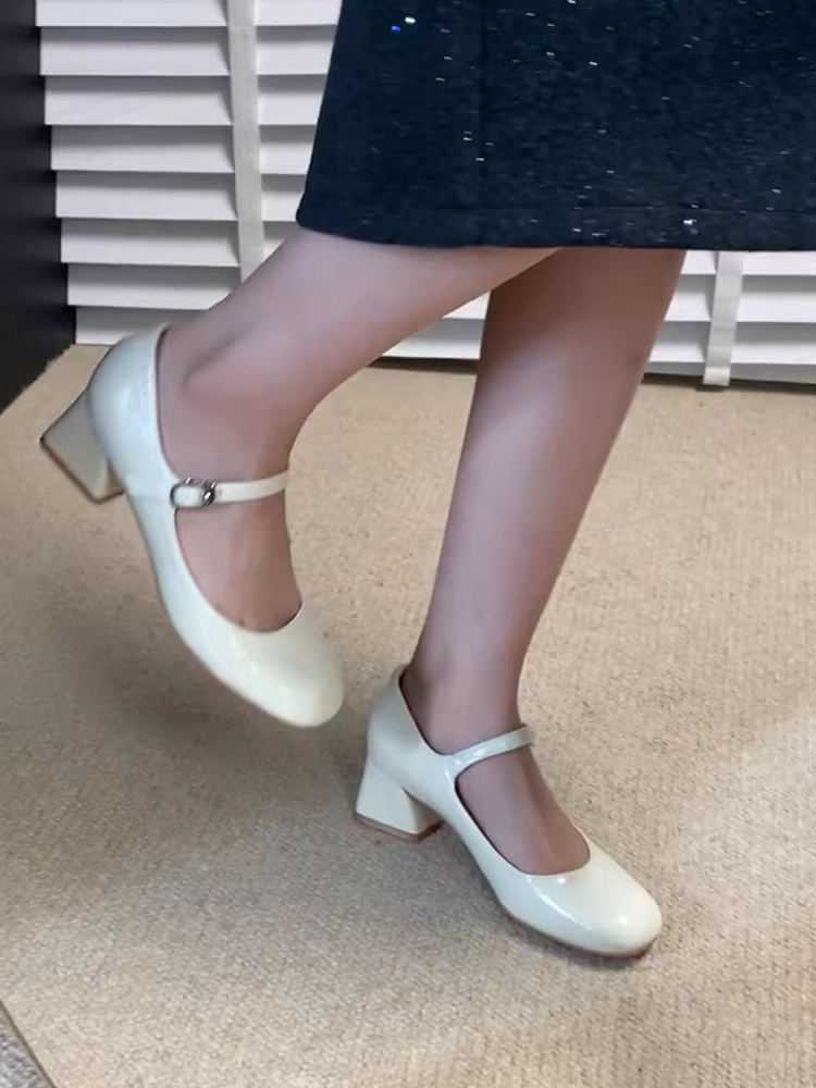 Phiên bản da cừu ~ Giày Mary Jane gót thấp một dây kiểu Pháp dành cho nữ, mũi vuông nông, da thật, giày đơn giản dị và thanh lịch.
