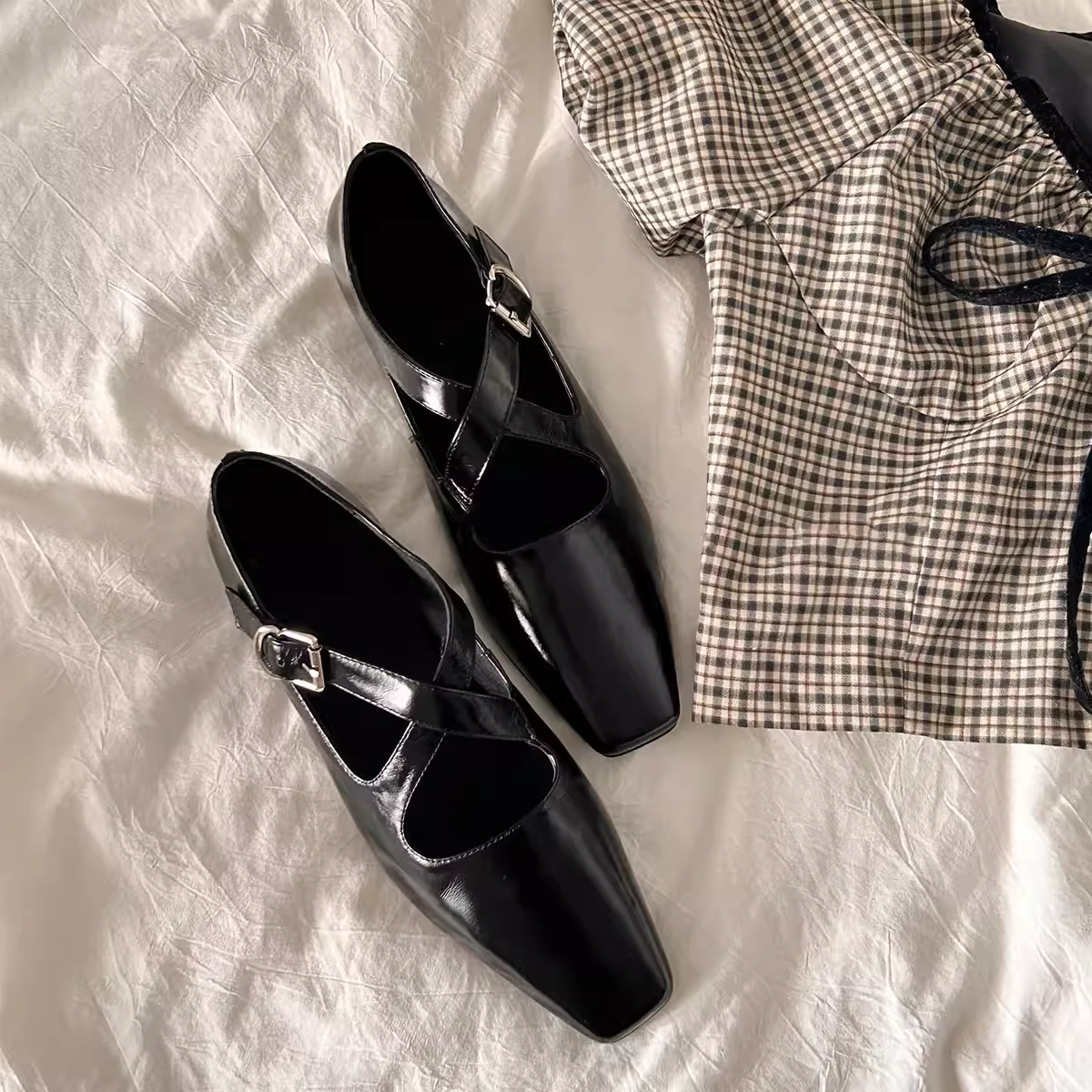 Phiên bản da cừu ~ Giày Mary Jane cổ điển có quai ngang dành cho nữ, giày đế bằng mũi vuông đế thấp, giày da nhỏ đa năng phong cách Anh quốc