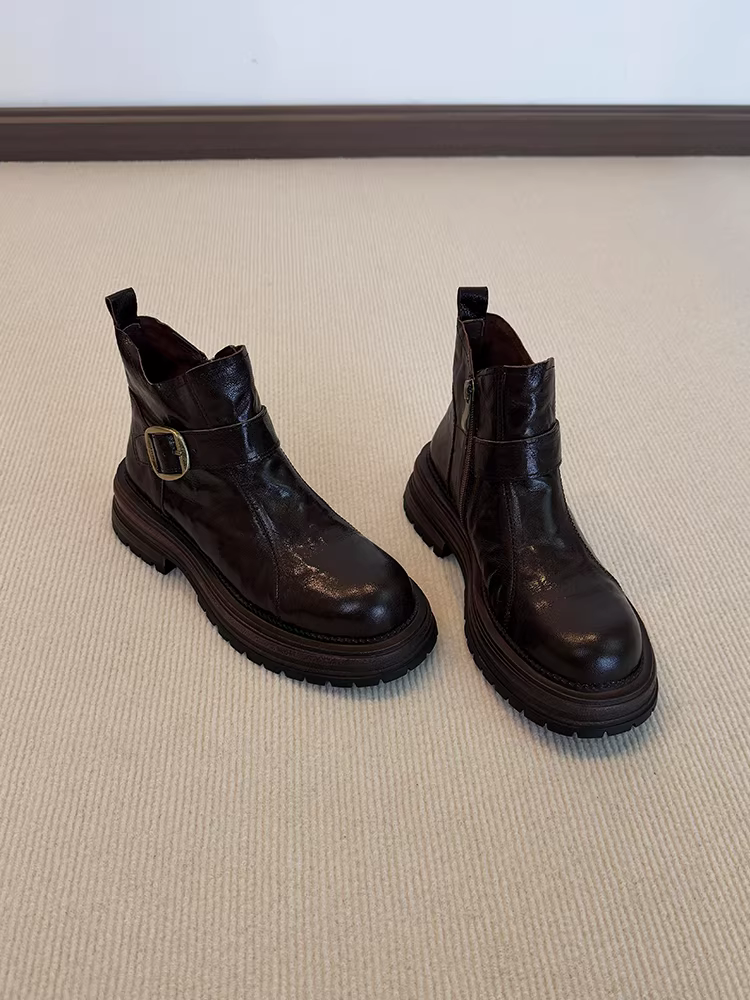 Phiên bản da cừu ~ Giày bốt cổ ngắn da lộn đa năng đế dày kiểu retro dành cho nữ có khóa thắt lưng và khóa kéo bên hông, giày bốt đi xe máy cao cấp dành cho người đi làm