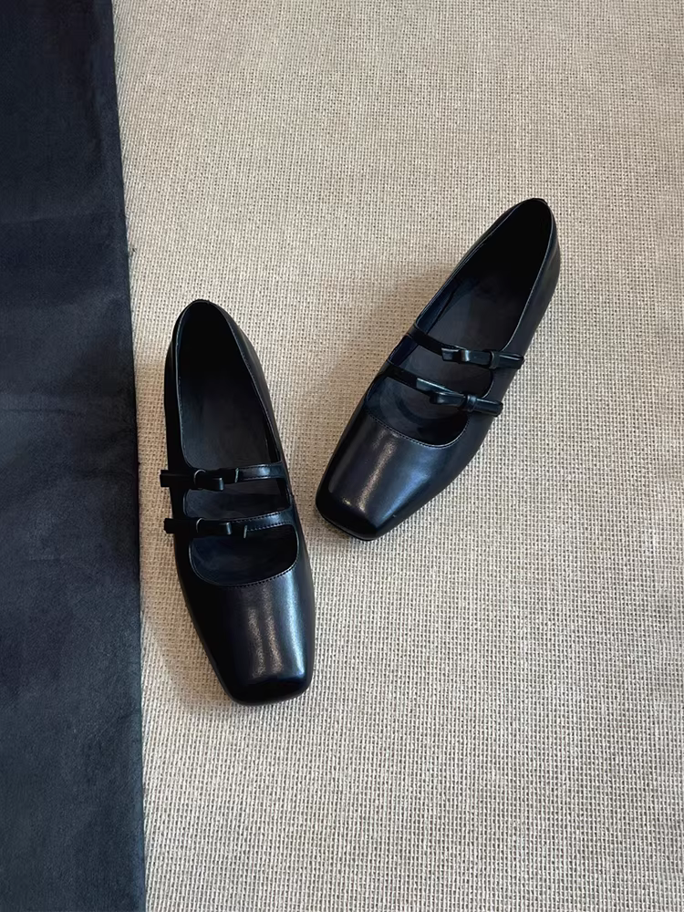 Phiên bản da cừu ~ Giày bệt mũi vuông kiểu cổ điển có nơ dành cho nữ, giày Mary Jane đa năng bằng da thật nông