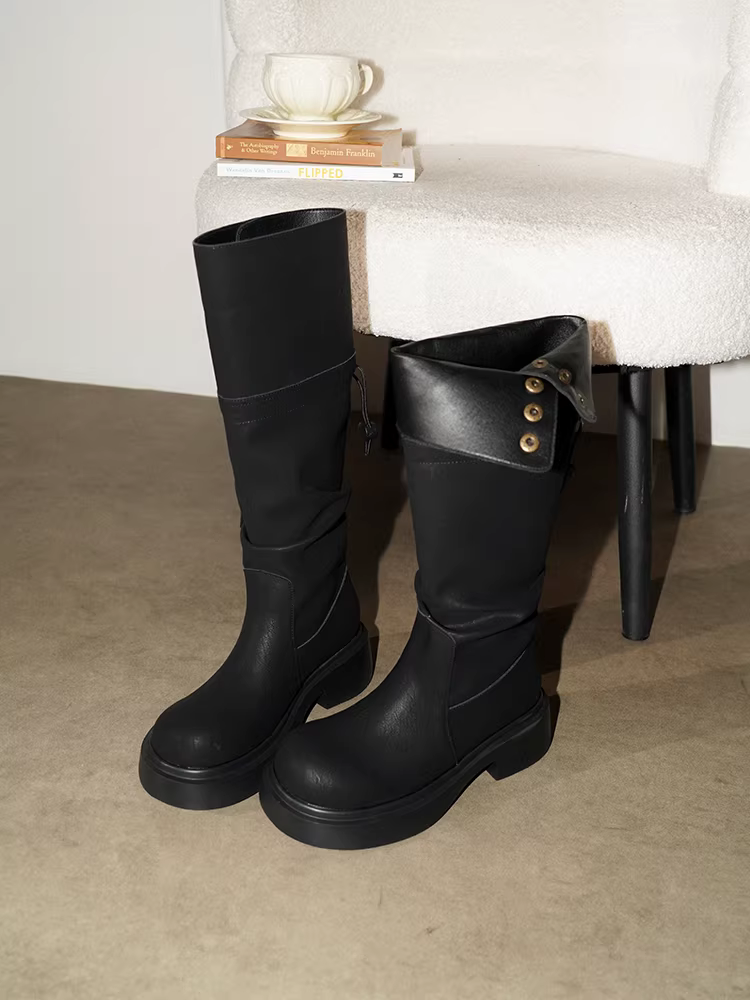 Pear Xiaoqi~ Giày bốt dài da thật Retro Melard Giày bốt dài đa năng dành cho nữ mùa thu đông Giày bốt cưỡi ngựa đế dày có thể mang hai chiều