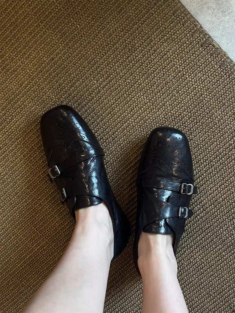 Giày lười da thật kiểu brogue đế bằng, chất liệu da cừu, mũi vuông kiểu Pháp có khóa, kiểu dáng Anh quốc, giày da nhỏ xinh dành cho nữ