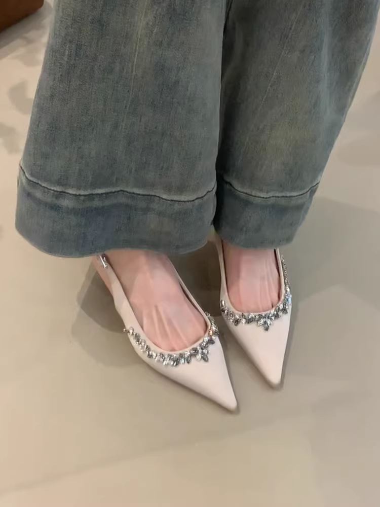 Phiên bản da cừu ~ Giày cao gót đính đá cho nữ, dép xỏ ngón kiểu cổ tích có dây đeo phía sau, mũi nhọn, giày đơn thanh lịch.