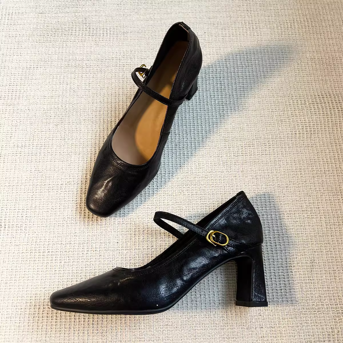 Giày cao gót Mary Jane da cừu kiểu Pháp cổ điển, chất liệu da thật, gót thô, mũi vuông, miệng giày nông, dành cho nữ, thích hợp đi làm