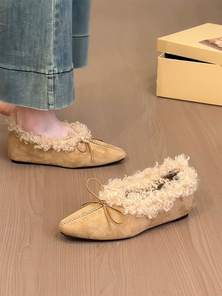 Phiên bản da cừu ~ Giày cotton thông thường mũi vuông dịu dàng và ngọt ngào dành cho nữ, phong cách Hàn Quốc có nơ, giày nhung tăng chiều cao bên trong bằng da lộn.