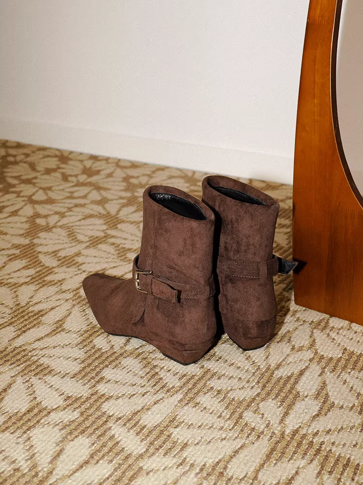 Pear Xiaoqi ~ Meilade Giày bốt đa năng và thời trang dành cho nữ, kiểu cổ điển, da thật, có khóa thắt lưng, mũi vuông, kiểu ngắn