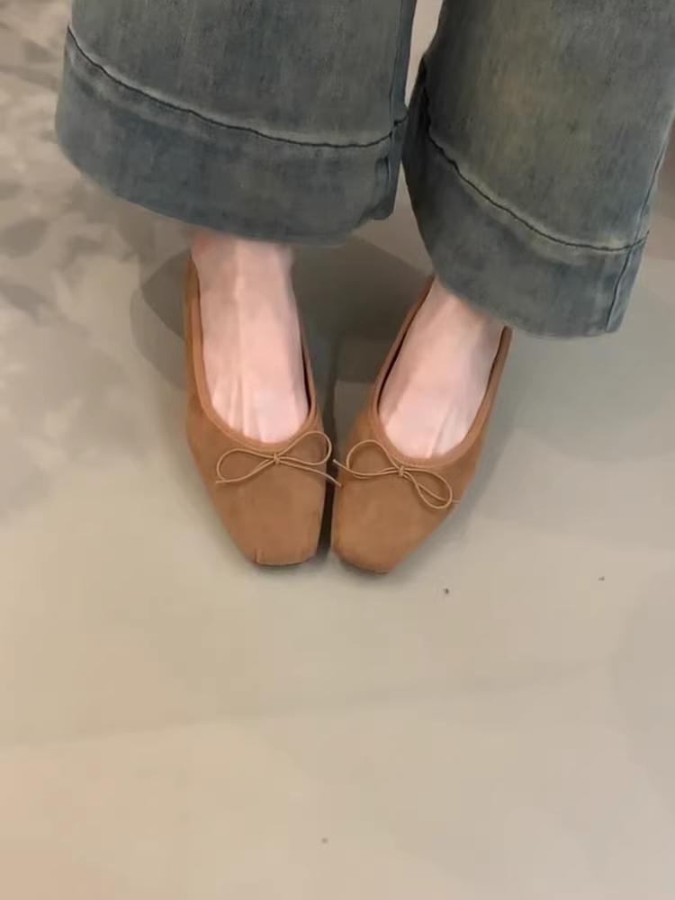 Phiên bản da cừu ~ Giày bà ngoại kiểu Pháp miệng nông dành cho nữ có nơ, mũi vuông, chất liệu da lộn, kiểu lười, giày nữ gót thô