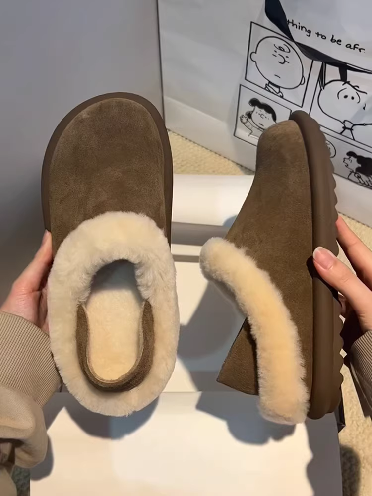 Phiên bản da bò ~ Giày Birkenstock da thật kiểu lười, đế mềm, da và lông thú được tích hợp, dành cho nữ.