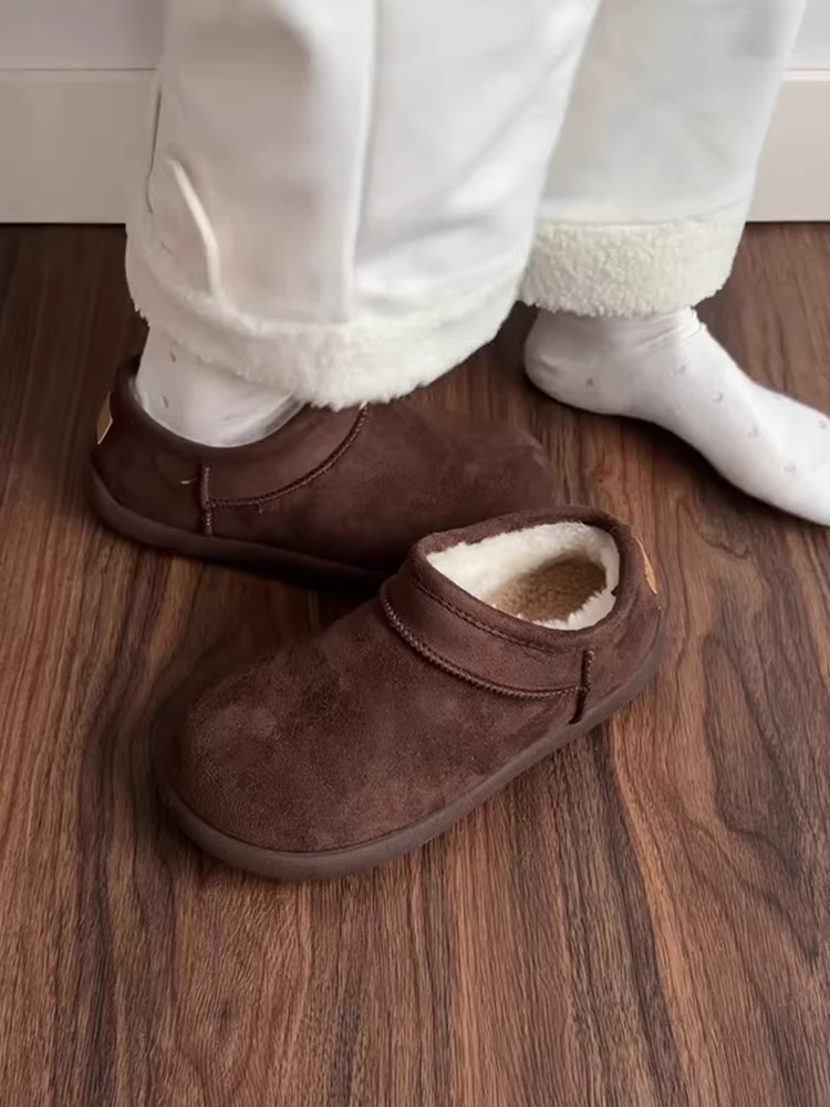 Phiên bản da cừu ~ giày vải cotton đơn giản, đa năng, kiểu dáng cổ điển dành cho nữ với đế dày, lót da lộn và lông cừu giữ ấm, kiểu giày đi tuyết