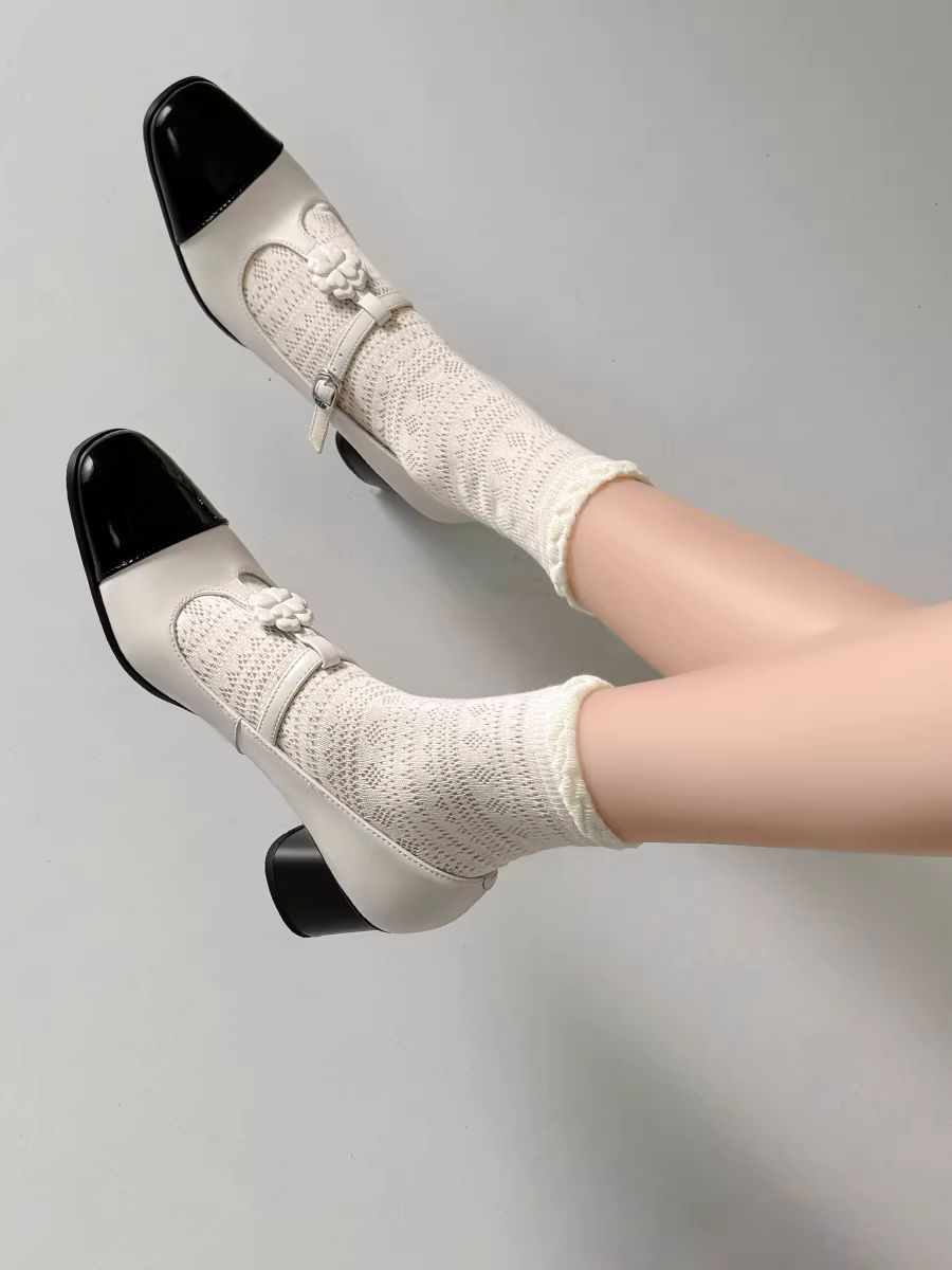 Phiên bản da cừu ~ Giày nữ gót dày kiểu Chanel với gót cao hoa trà phối màu, giày Mary Jane kiểu dạ hội kiểu Pháp bằng da thật