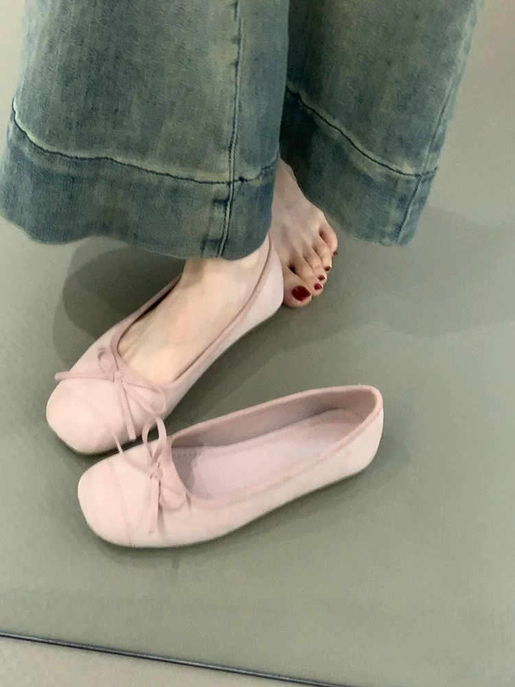 Phiên bản da cừu ~ Giày ba lê kiểu Pháp nhẹ nhàng có nơ, giày đế bằng nông dành cho nữ, giày đế bằng nhỏ thoải mái và đa năng.