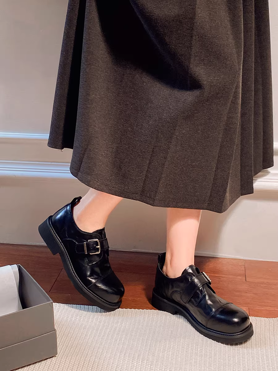 Phiên bản da bò~ Giày lười kiểu Anh cổ điển dành cho nữ có khóa thắt lưng, giày da nhỏ kiểu JK, mũi tròn bằng da thật