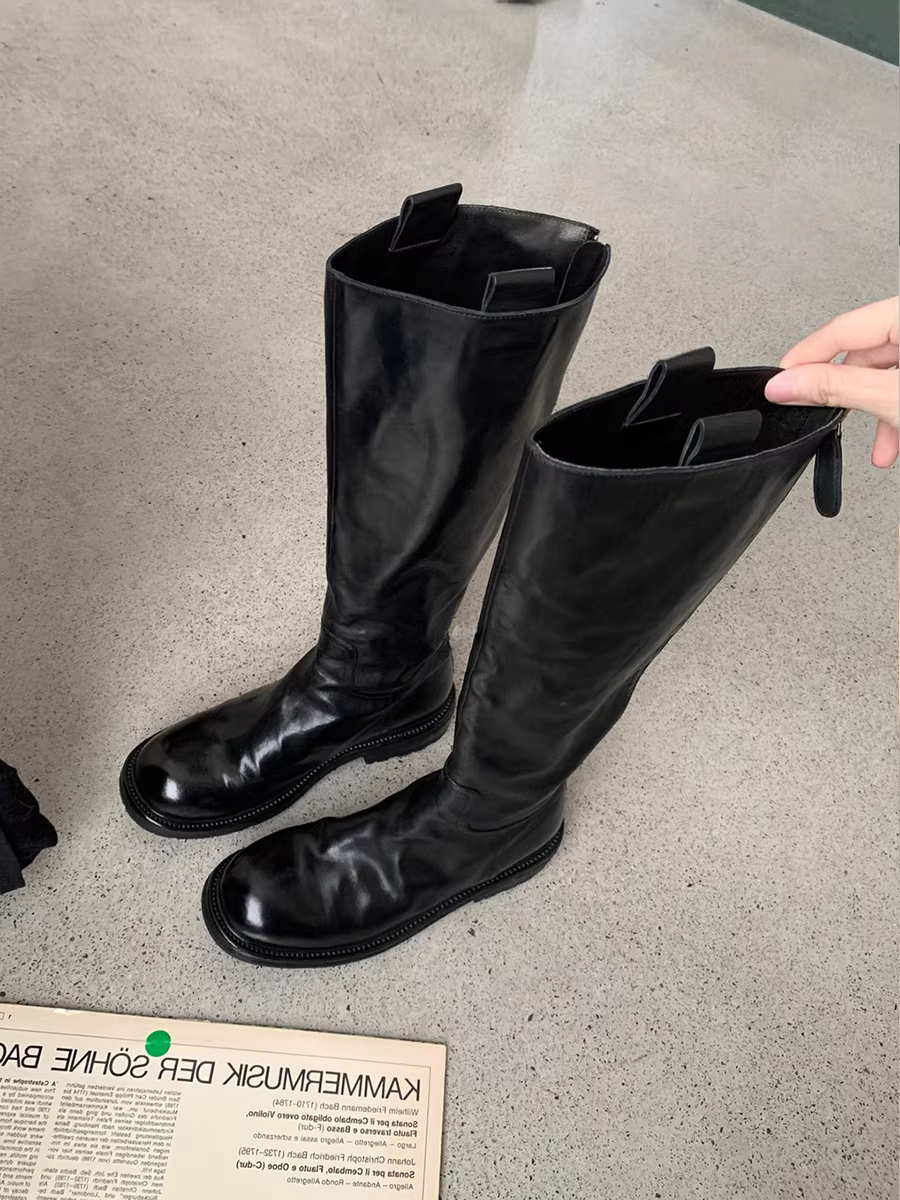 Phiên bản da bò ~ Giày bốt cưỡi ngựa có khóa kéo phía sau bằng da thật kiểu cổ điển dành cho nữ, bốt cao xếp ly có gót dày, bốt dài qua đầu gối