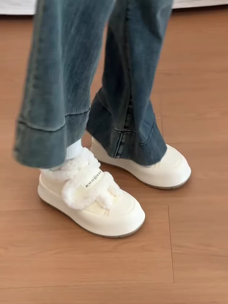 Phiên bản da cừu ~ Giày cotton ấm áp bằng len cừu dành cho nữ có khóa dán, đế dày, giày trắng lót lông cừu, giày mềm mại và giản dị