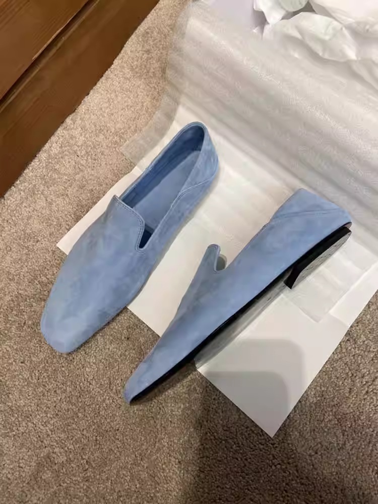 Phiên bản da cừu ~ Giày lười đế bằng phong cách Anh cho nữ, giày da lộn kiểu slip-on, giày da nhỏ mũi vuông cổ điển