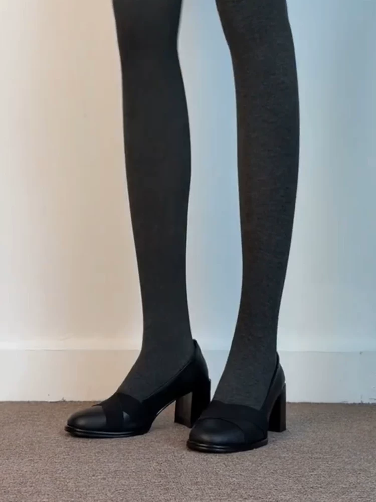 Phiên bản da cừu ~ Giày cao gót mũi tròn bằng da thật mùa thu đông dành cho nữ, giày đơn đa năng thanh lịch có dây đeo chéo kiểu cổ điển