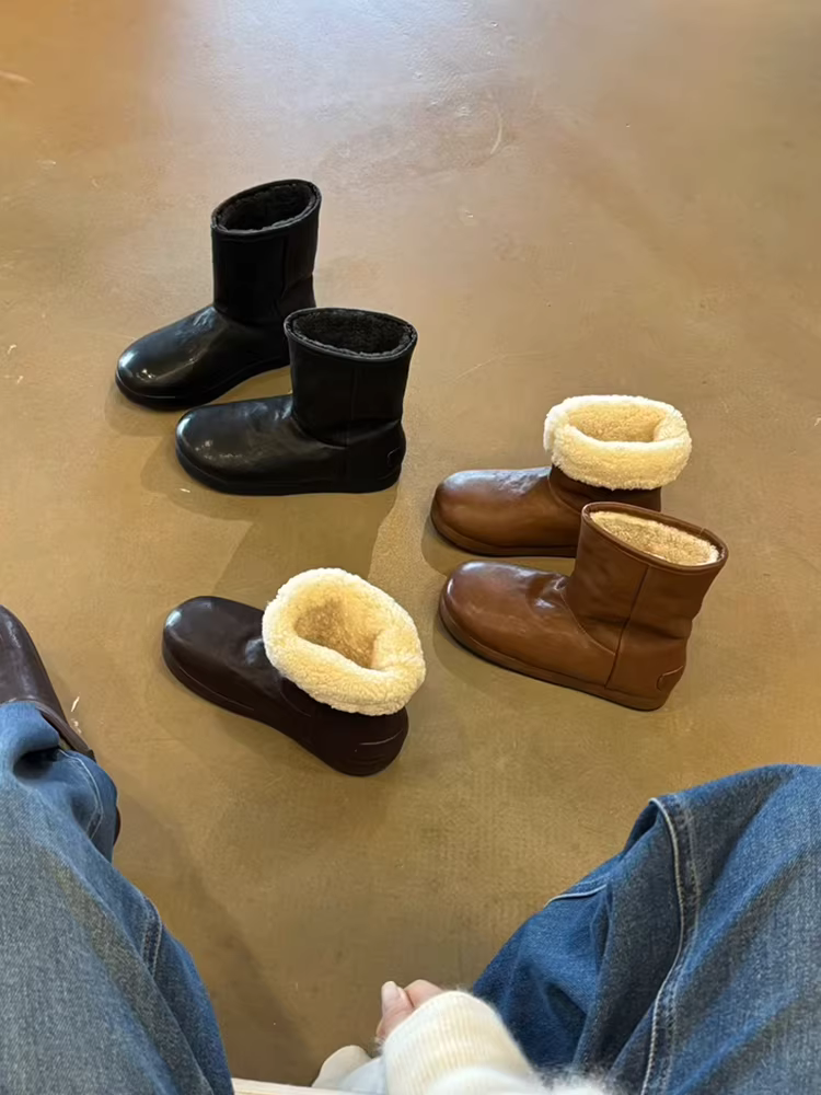 Phiên bản da bò ~ Giày bốt đi tuyết đa năng màu đen đơn giản, thời trang dành cho nữ, giày bốt cotton thông thường bằng da thật bằng len cừu dành cho mùa đông
