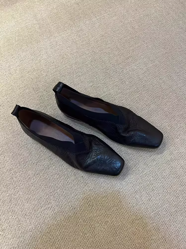 Phiên bản da cừu ~ giày đế bằng da mềm phong cách cổ điển dành cho nữ, giày ba lê mũi vuông bằng da thật để phối với váy, giày lười