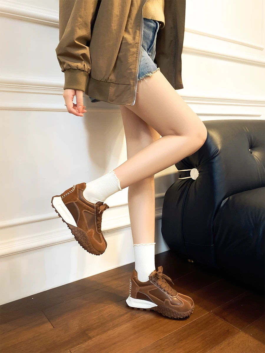 Phiên bản da cừu ~ Giày tập luyện Đức đế dày đa năng kiểu cổ điển dành cho nữ, giày thể thao đế bằng da thật phối màu độc đáo, giày thể thao kiểu bố