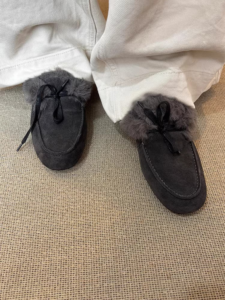 Phiên bản da cừu ~ Giày lười lót lông cừu màu xám cao cấp dành cho nữ, giày cotton thông thường giữ ấm mùa đông
