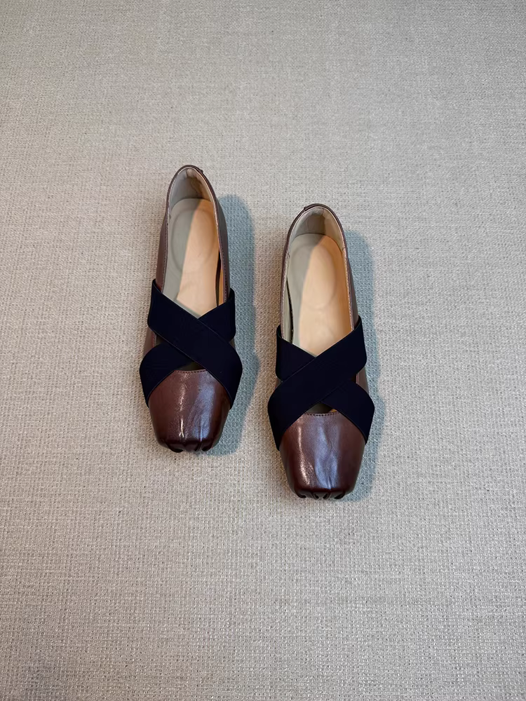 Giày búp bê da cừu ~ kiểu quai chéo, thiết kế mũi lợn dành cho nữ, kiểu dáng retro mũi vuông, đế bằng Mary Jane