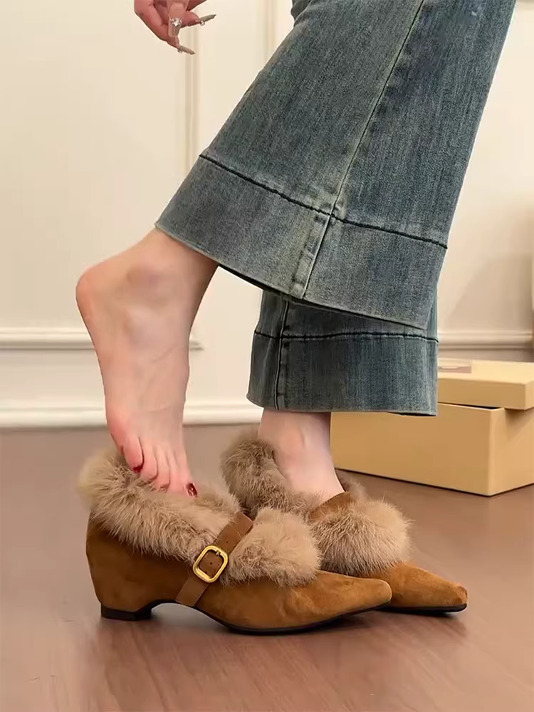 Phiên bản da cừu ~ Giày Mary Jane lông thú kiểu Pháp dành cho nữ với độ tăng chiều cao ẩn, mũi nhọn, quai đơn, lót lông cừu, giày đế bằng ấm áp và thoải mái.