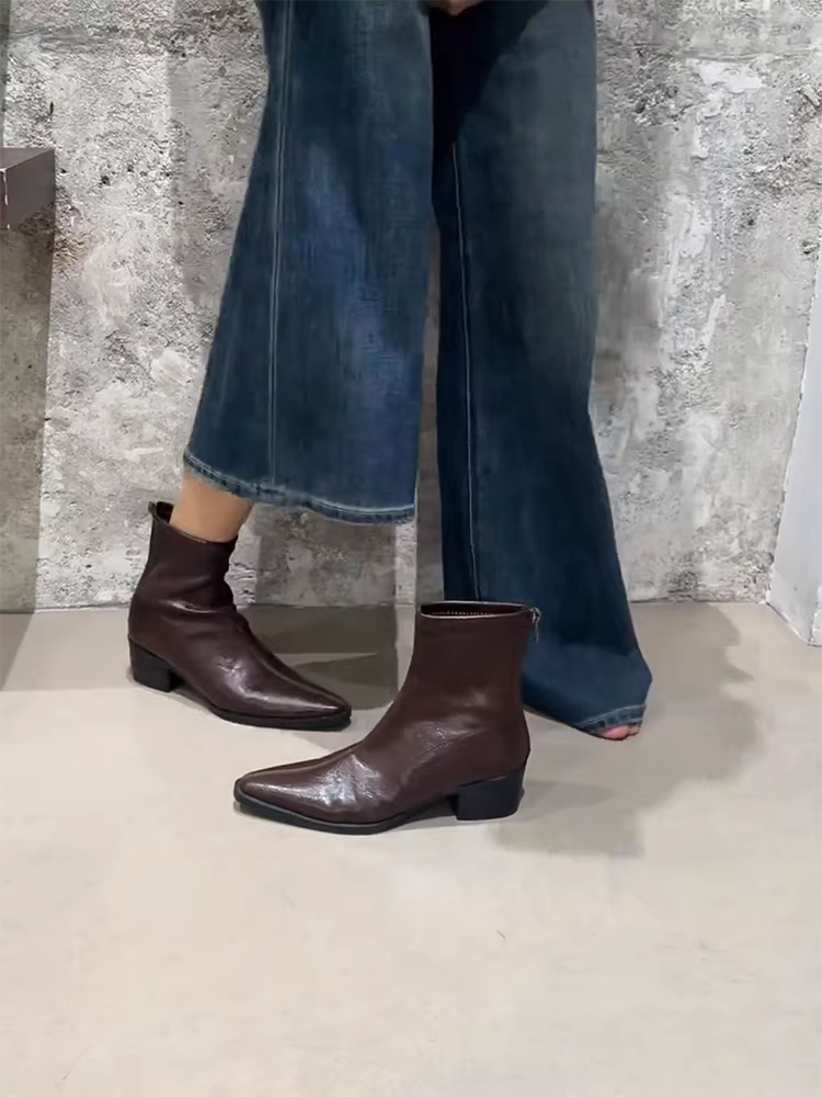 Phiên bản da bò ~ Giày bốt đế dày đa năng, thời trang, kiểu dáng thanh lịch dành cho nữ, kiểu dáng cổ điển đơn giản, khóa kéo phía sau, giúp thon gọn, giày bốt ngắn thời trang