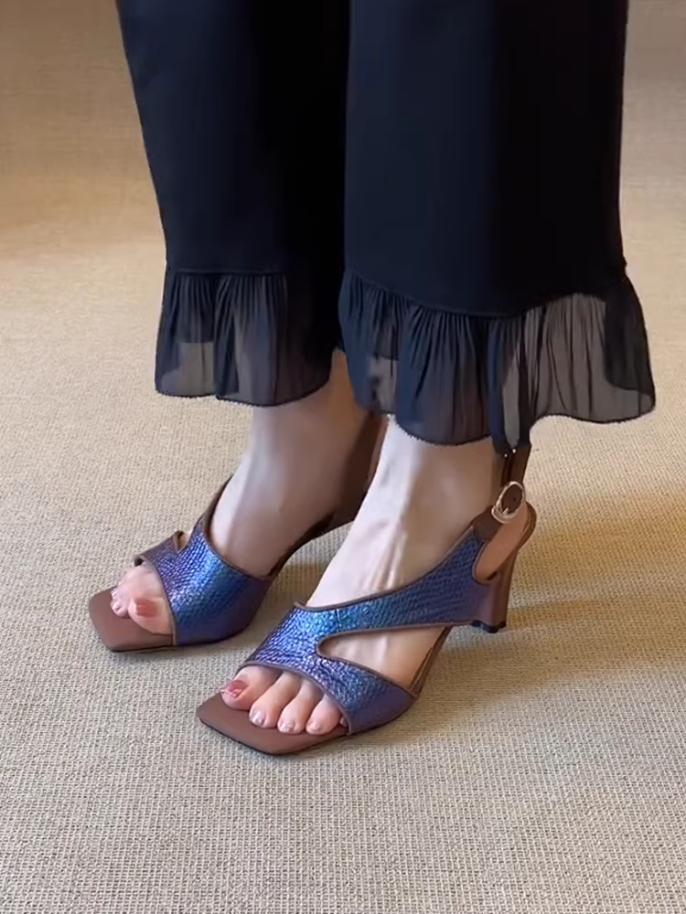 Phiên bản da cừu ~ Dép cao gót mũi vuông kiểu cổ điển kiểu Pháp dành cho nữ, giày La Mã cao gót kiểu quý tộc thanh lịch đa năng mới