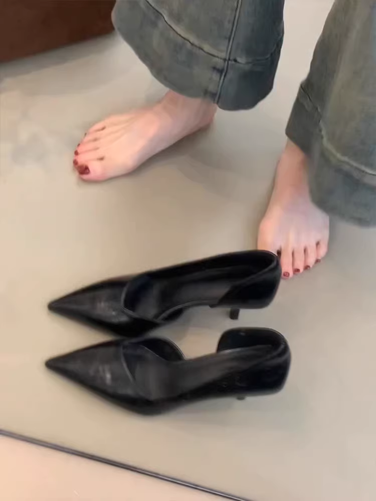 Phiên bản da cừu ~ Giày cao gót mũi nhọn kiểu Pháp dành cho nữ, gót nhọn, đa năng khi đi làm, kiểu lười, giày đơn miệng nông đa năng.