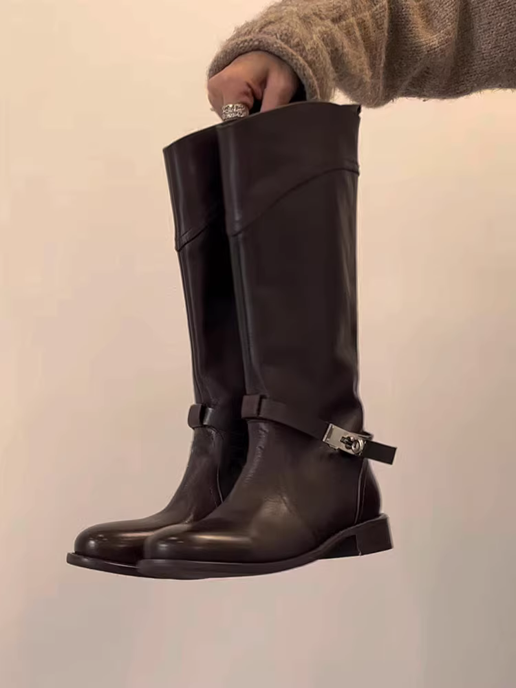 Phiên bản da bò ~ Giày bốt cao quá đầu gối bằng da thật cao cấp theo phong cách cổ điển dành cho nữ, ống rộng, che thịt, khóa kim loại, bốt cưỡi ngựa mũi tròn