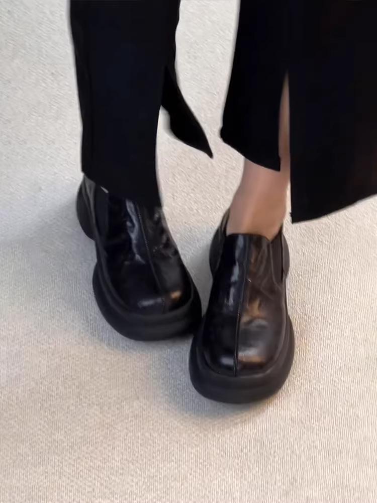 Phiên bản da cừu ~ Giày da cổ điển đế dày tăng chiều cao dành cho nữ, đế đế cao, giày lười cắt sâu, giày lười kiểu Anh