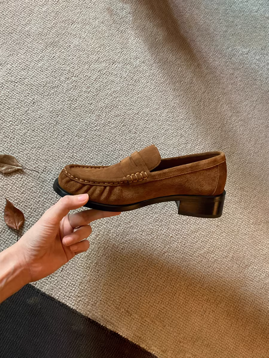 Phiên bản da bò ~ Giày da Melard màu nâu dành cho nữ, kiểu dáng cổ điển Anh, kiểu lười mũi tròn, gót thấp, thích hợp đi làm