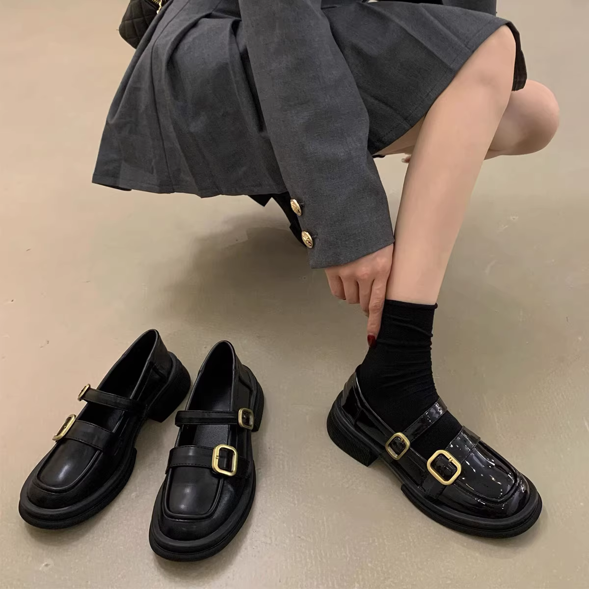 Phiên bản da cừu ~ Giày đế dày kiểu Anh dành cho nữ, giày Mary Jane mũi tròn bằng da thật, giày da nhỏ kiểu JK dành cho sinh viên