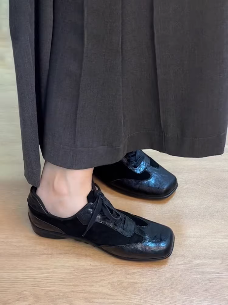 Phiên bản da cừu ~ Giày thể thao buộc dây miệng sâu bằng da thật mới, giày buộc dây mũi vuông phong cách cổ điển mùa xuân và mùa thu