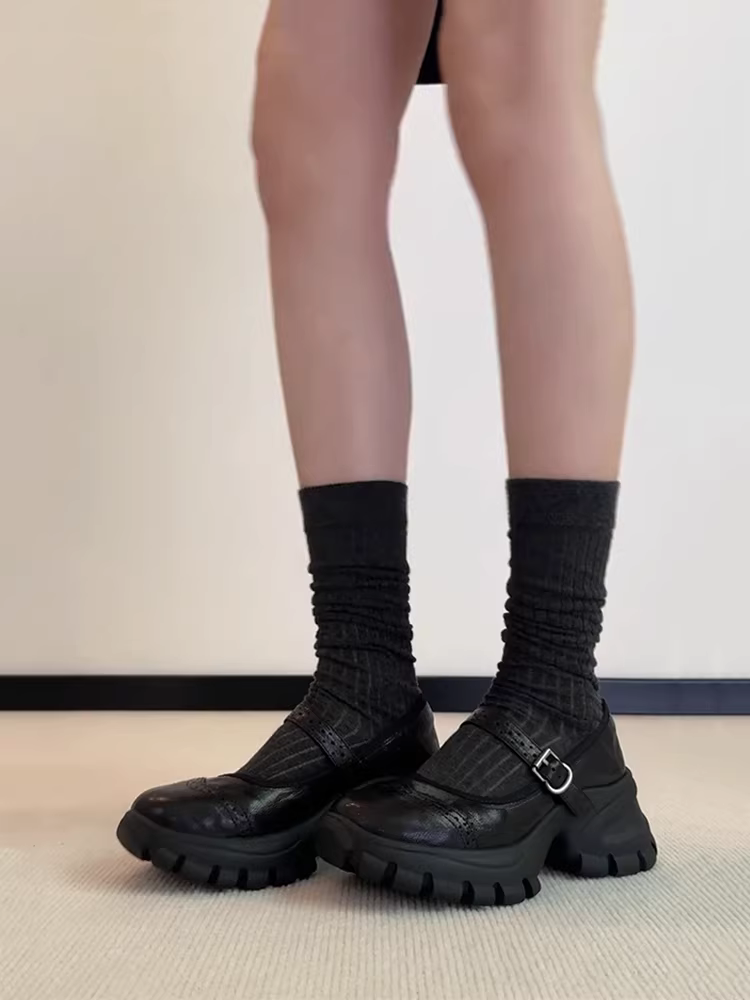 Phiên bản da cừu ~ Giày Mary Jane đế dày bằng da thật kiểu retro dành cho nữ, giày da màu đen đa năng, dễ mang, thích hợp đi ngoài trời