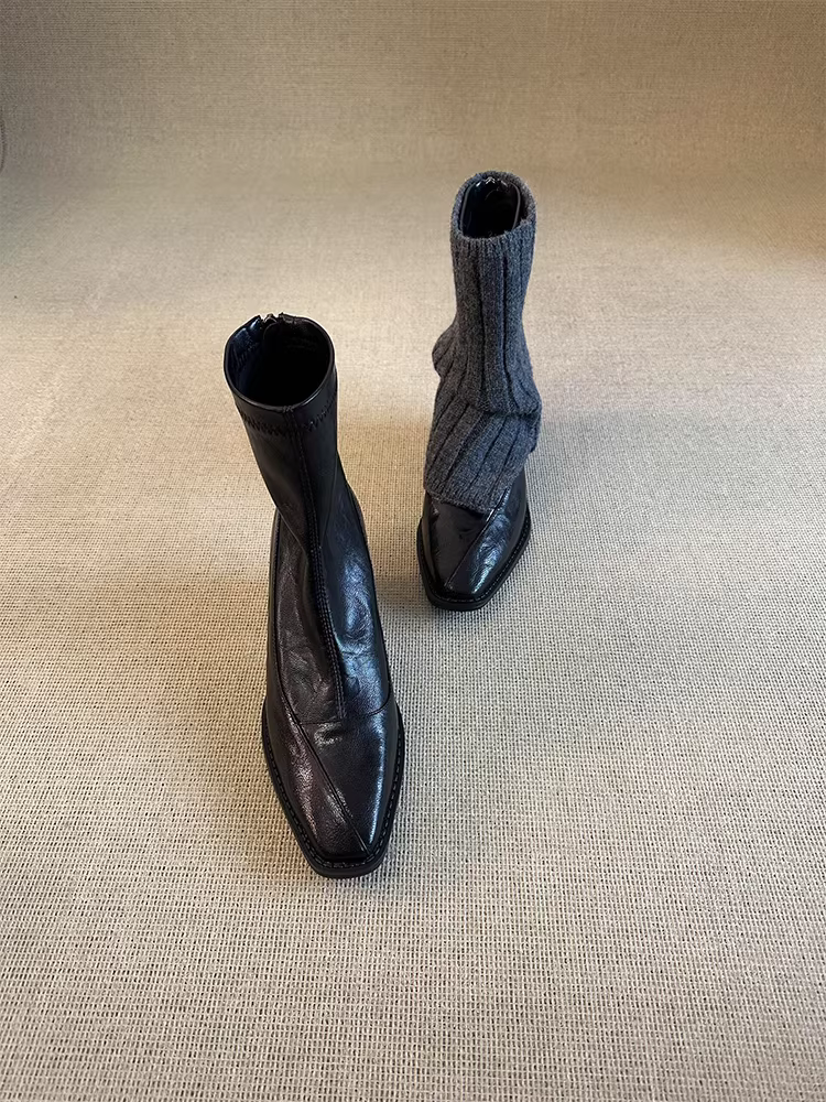 Phiên bản da bò ~ Giày bốt ngắn gót vuông mũi vuông thanh lịch và tôn dáng dành cho nữ có khóa kéo phía sau, da thật, bốt thon gọn co giãn đơn giản và thời trang.