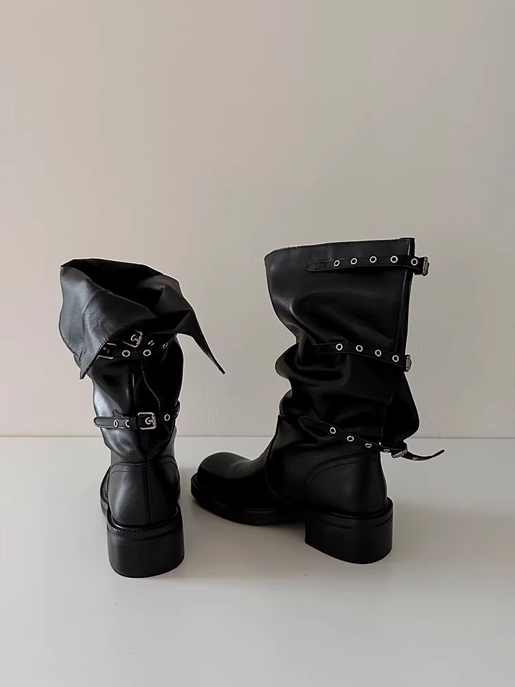 Phiên bản da bò ~ Giày đi xe máy đa năng dành cho nữ với thiết kế độc đáo, giày đi xe máy hợp thời trang dành cho nữ che kín chân, có khóa thắt lưng, giày bốt dài thon gọn