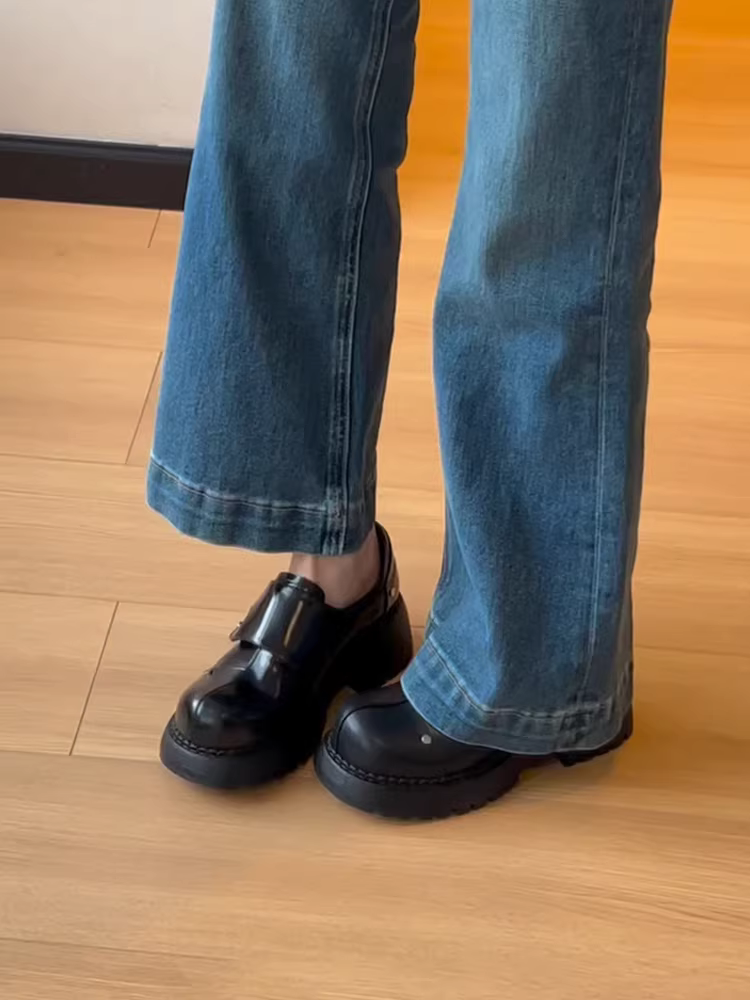 Phiên bản da cừu ~ Giày Derby dành cho nữ, giày lười đế dày cao cấp có khóa dán, giày da nhỏ kiểu Anh