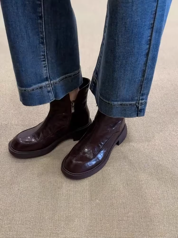 Phiên bản da bò~ Giày bốt Martin đơn giản bằng da thật kiểu Anh dành cho nữ có khóa kéo bên hông, gót thấp, mũi tròn, giày bốt ngắn đi làm thông thường đa năng