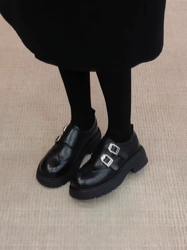 Phiên bản da cừu ~ Giày lười da thật kiểu Anh, kiểu dáng độc đáo, dành cho nữ, có khóa thắt lưng, kiểu brogue, đế dày, mũi tròn, giày da nhỏ.