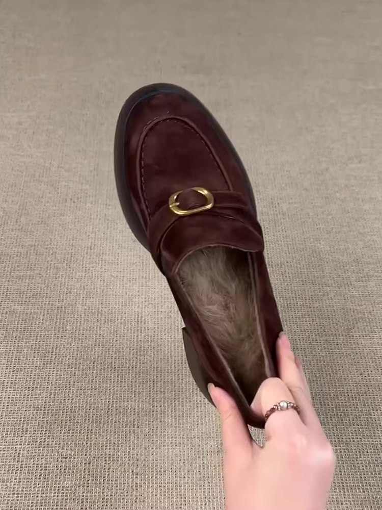 Phiên bản da cừu ~ Giày lười da thật cổ điển đa năng dành cho phụ nữ nhỏ nhắn, quai đơn, đế dày, tăng chiều cao, giày da lộn đơn giản