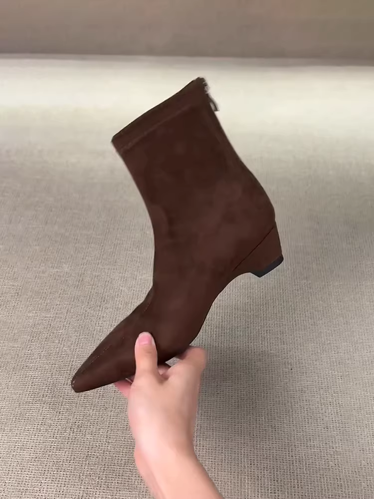 Phiên bản da bò ~ Giày bốt mỏng đi làm tối giản dành cho nữ, giày bốt da lộn cổ điển thon gọn mũi nhọn có dây kéo phía sau giày bốt thời trang