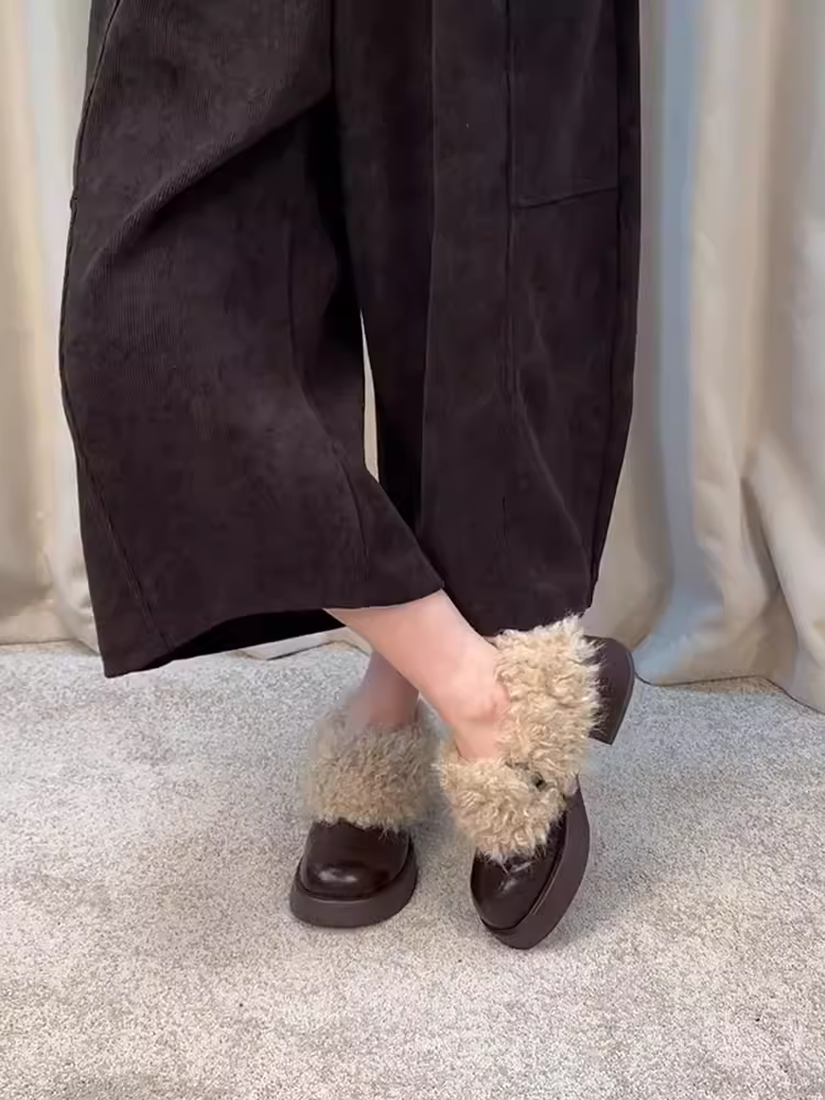 Phiên bản da cừu ~ Giày lười đế dày lông thú thời trang dành cho phụ nữ nhỏ nhắn, giày lười đa năng kiểu cổ điển bằng da thật đơn giản